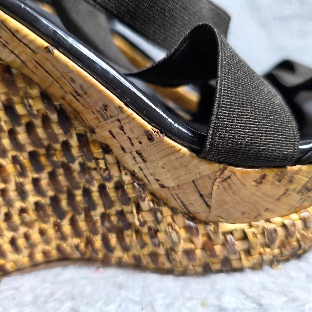 BCBG Wedge Platform Sandals Black Stretch Strappy Woven Straw Women‎ Size 10 Y2K